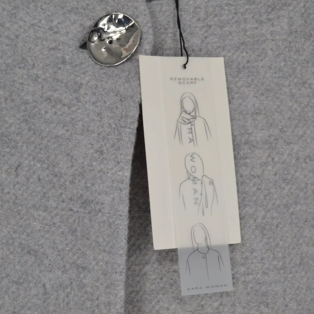 NEW ZARA Short Knitted Coat With Scarf Oversized Wool Blend Gray Women's XS - Image 7