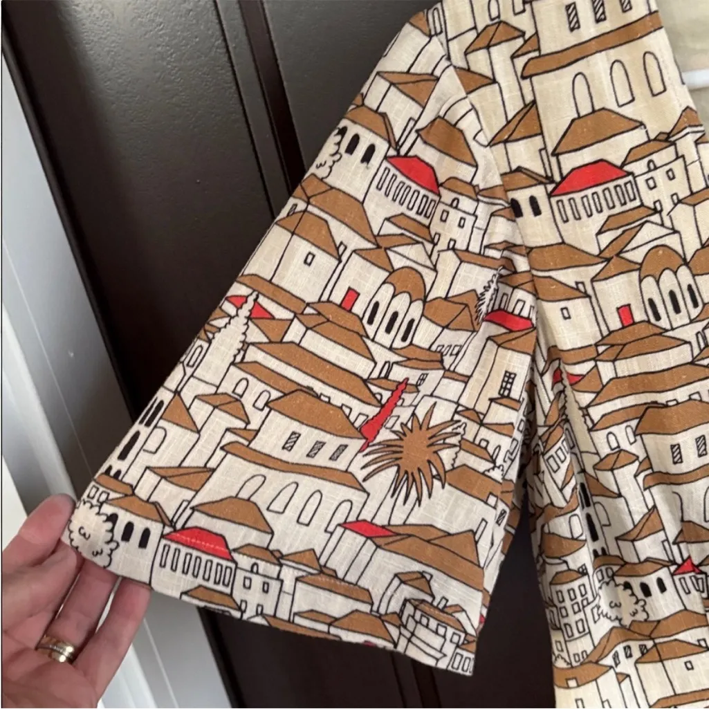 EUC Anthropologie Porridge Mediterranean City Scene Linen Blend Dress Medium - Image 6