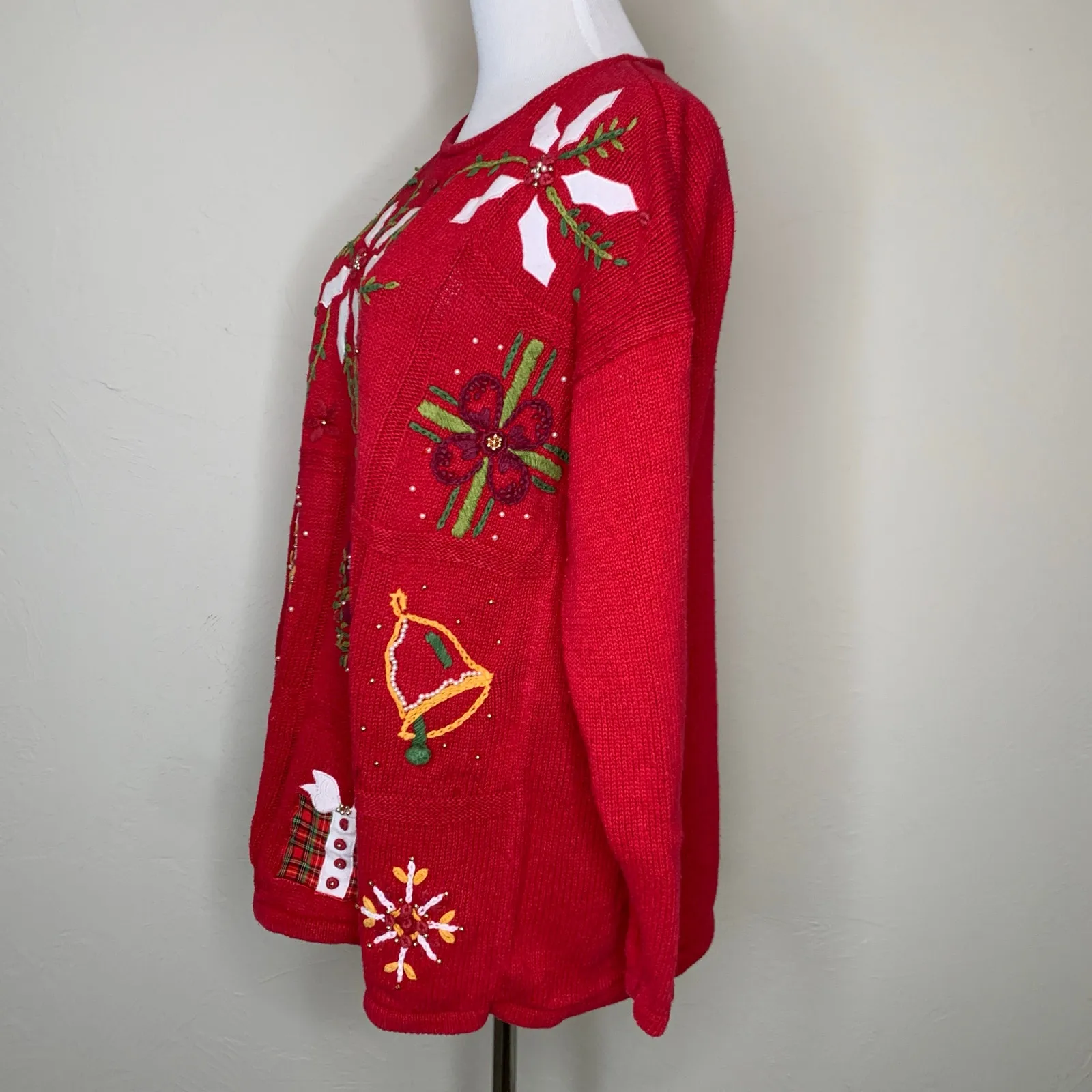 Vintage Poinsettia Bell Wreath Snowflake Christmas Sweater Sz Large White - Image 3
