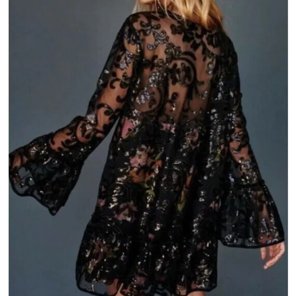 FREE PEOPLE Falling Flowers Frock Mini Dress Black Red Sequins Cocktail Small - Image 6