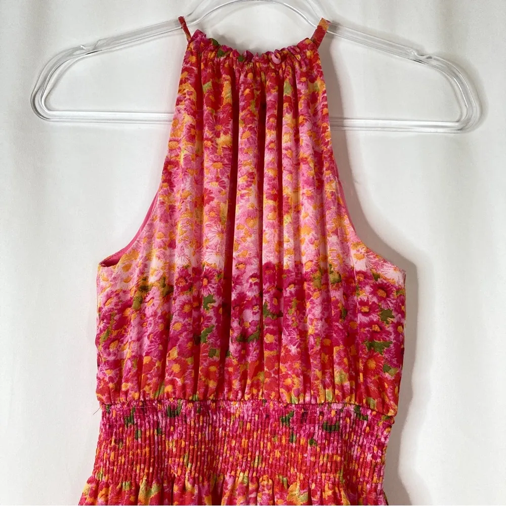 Zara Basic | Pink Floral Pleated Ruffle Halter Neck Mini Dress M - Image 2