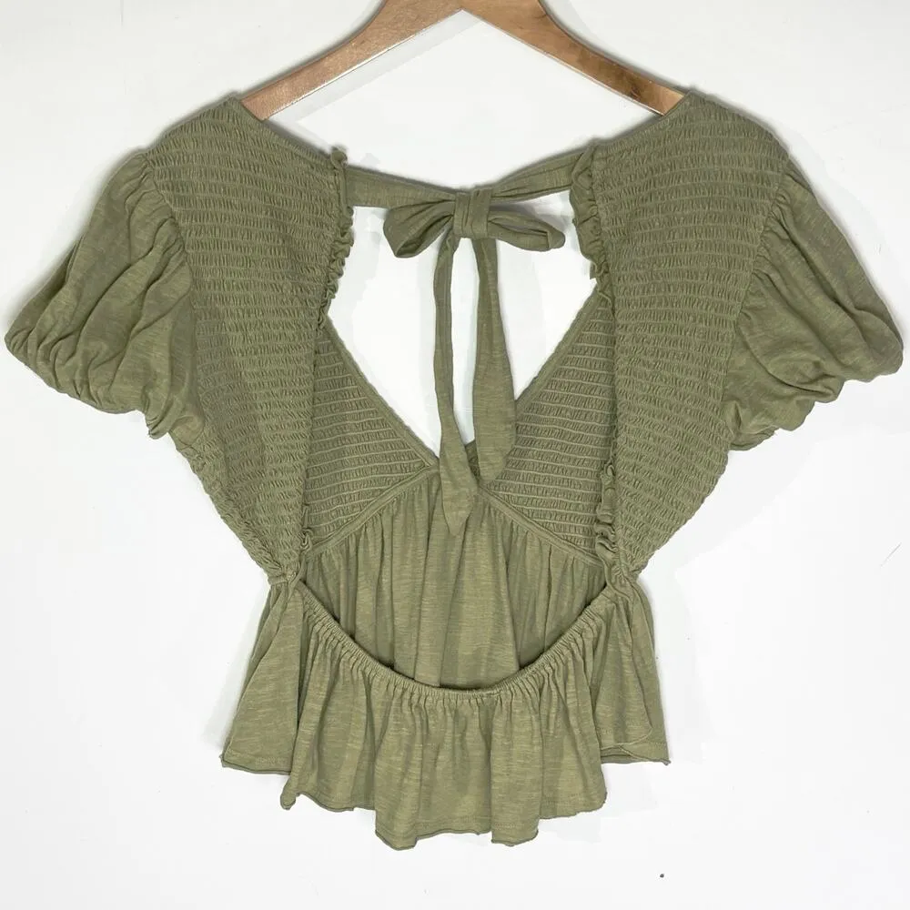 FREE PEOPLE Women’s Charolette Puff Sleeve Peplum Green Knit Top - Image 7