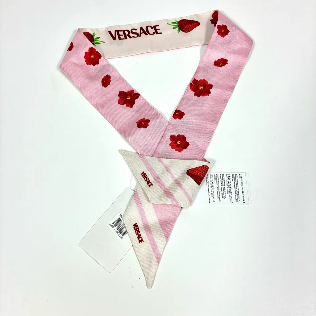 Versace Strawberry Garden Silk Skinny Twill Scarf Tie Logo Pink Red NWT - Image 11