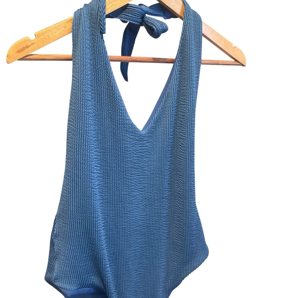 Veronica Beard Women's Blue Salis Textured Halter One-Piece Swimsuit Size Large - Image 5
