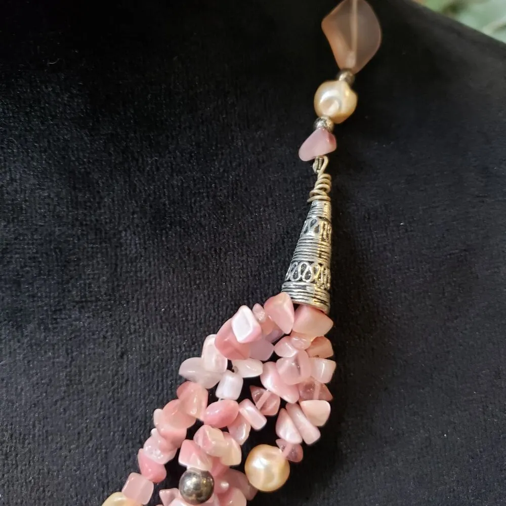 Womens Pink Opal Chips and Bright Brass Kumihimo Three Strand Collar Necklace - Image 4