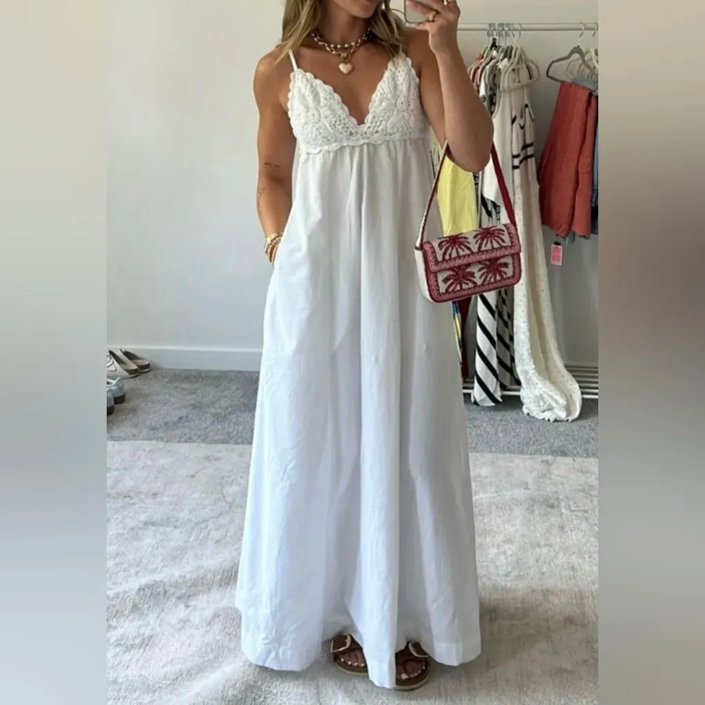 FREE PEOPLE White Maxi Dress Medium Long Aline Crochet Smocked Halter Top - Image 7