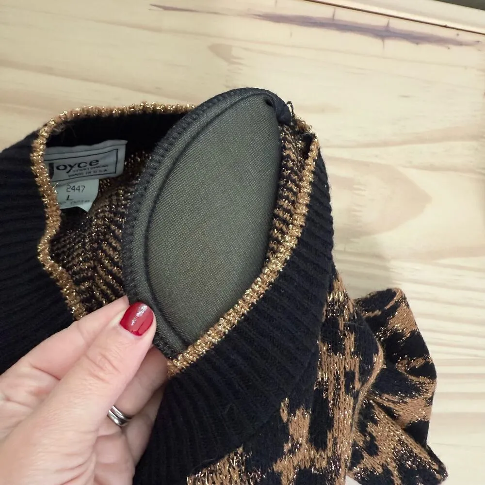 Vintage 80s Crewneck Leopard Pullover Knit Sweater Black Brown Metallic Gold, L Size L - Image 5