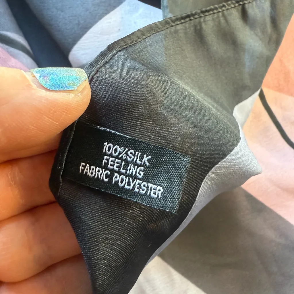 Source Unknown Geometric Patterned Scarf - Black, Gray, Pink silk feel polyester vintage - Image 5