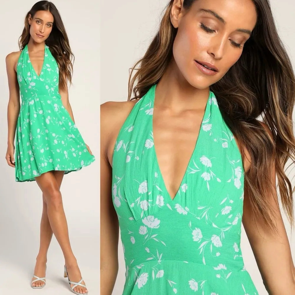 NEW Lulu's Bright Skies Green Floral Print Halter Mini Dress Women's‎ Size L - Image 3