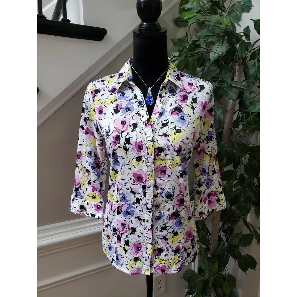 Dana Buchman Women's Multicolor Floral Collared Long Sleeve Button Down Shirt M - Image 12