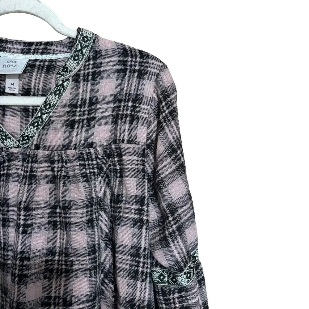 Knox Rose Top Womens Medium Multicolor Plaid Split Neck Popover Blouse - Image 3