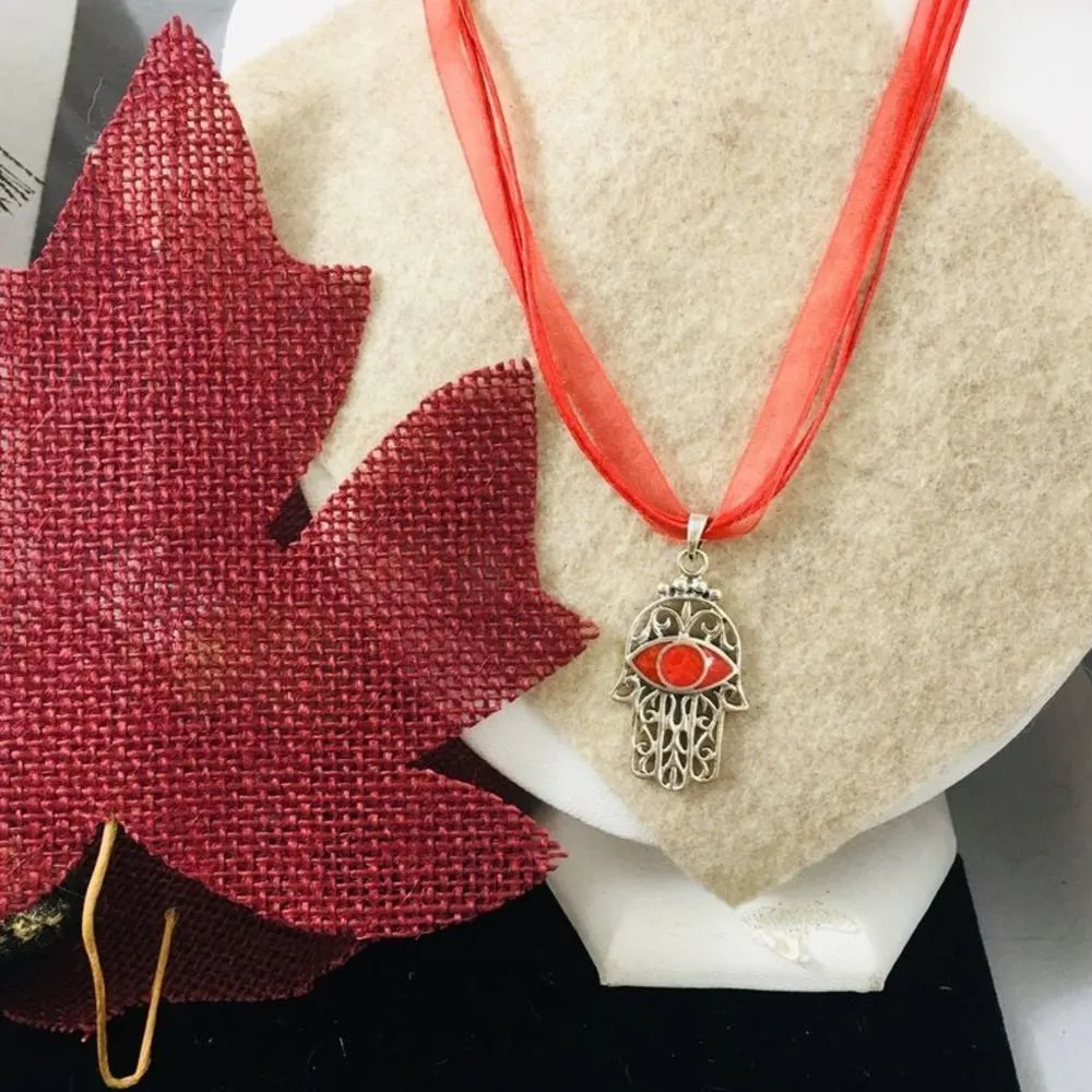 Solid Sterling Silver Hamza Red  Coral Pendant Necklace - Image 4