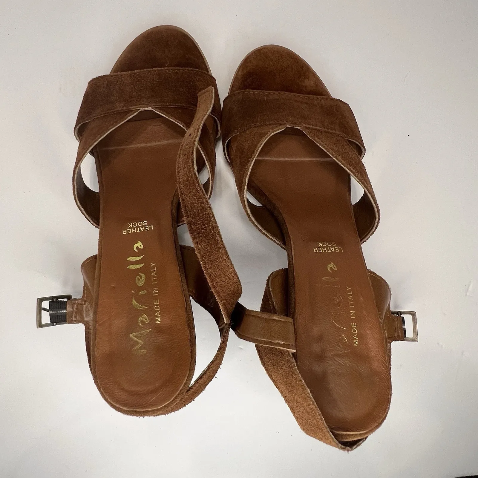 Mariella‎ Brown Suede Block Heel Sandals 7.5M Made in Italy Leather Strap Size 7.5 - Image 7