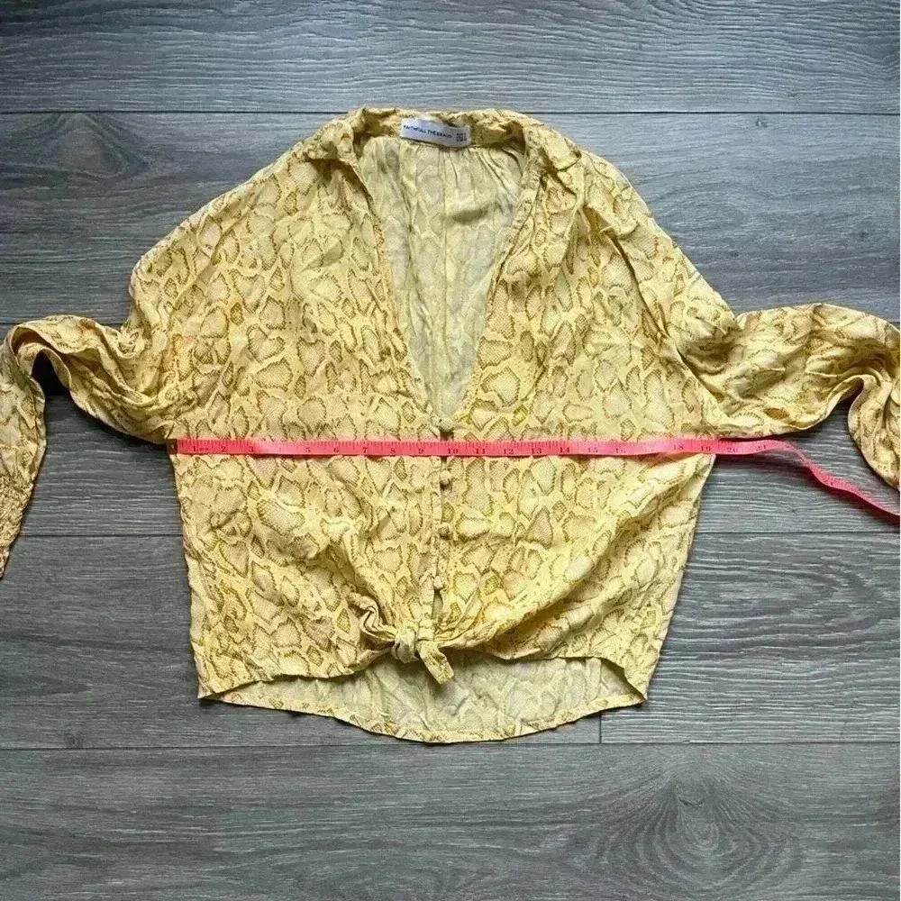 Faithfull the Brand Yellow Snakeskin Print Button Tie V Neck Smocked Cuffs 2 - Image 8