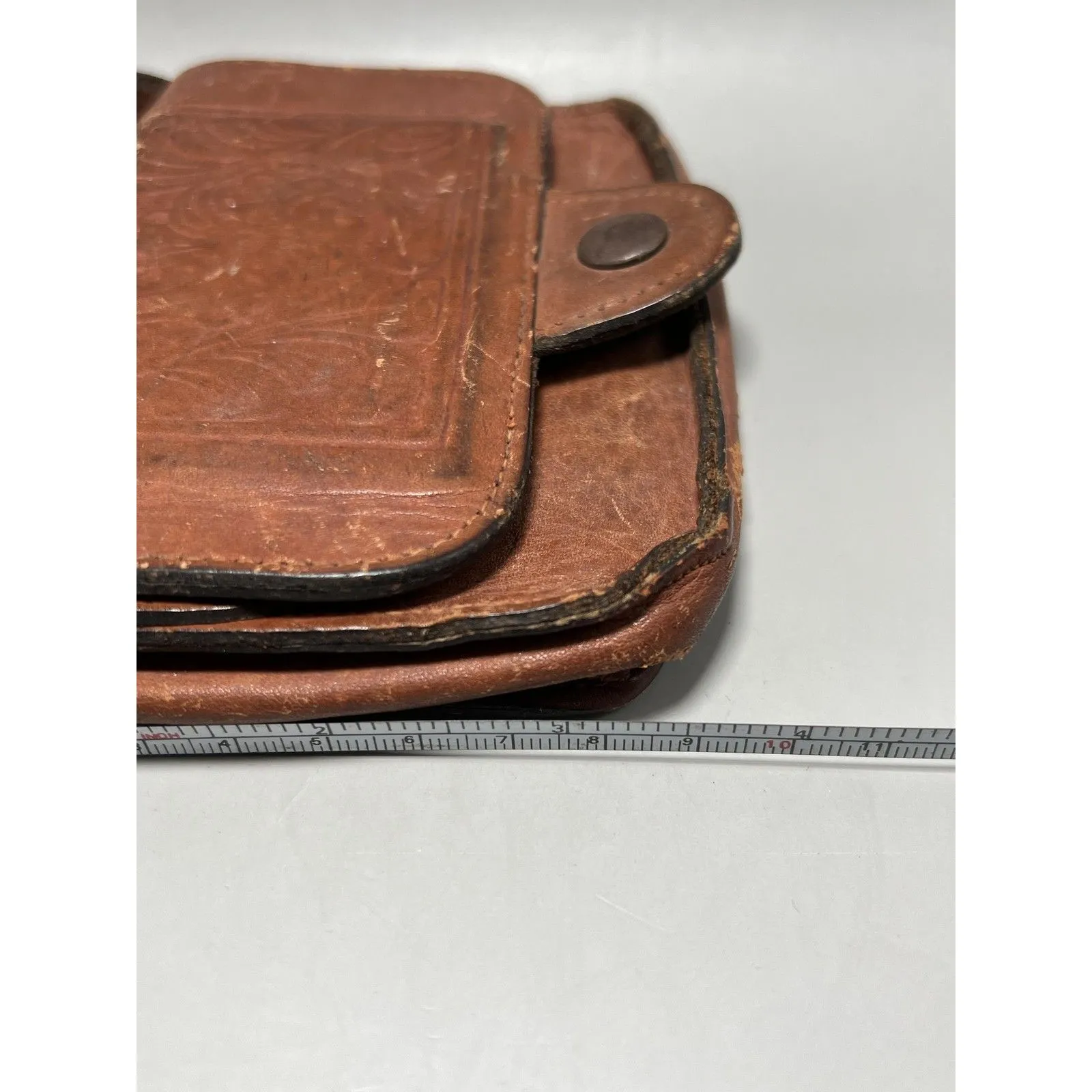 Vintage Tooled Leather Makeup Purse Bag Mirror Top Grain Cowhide Made in Haiti Brown - Image 10