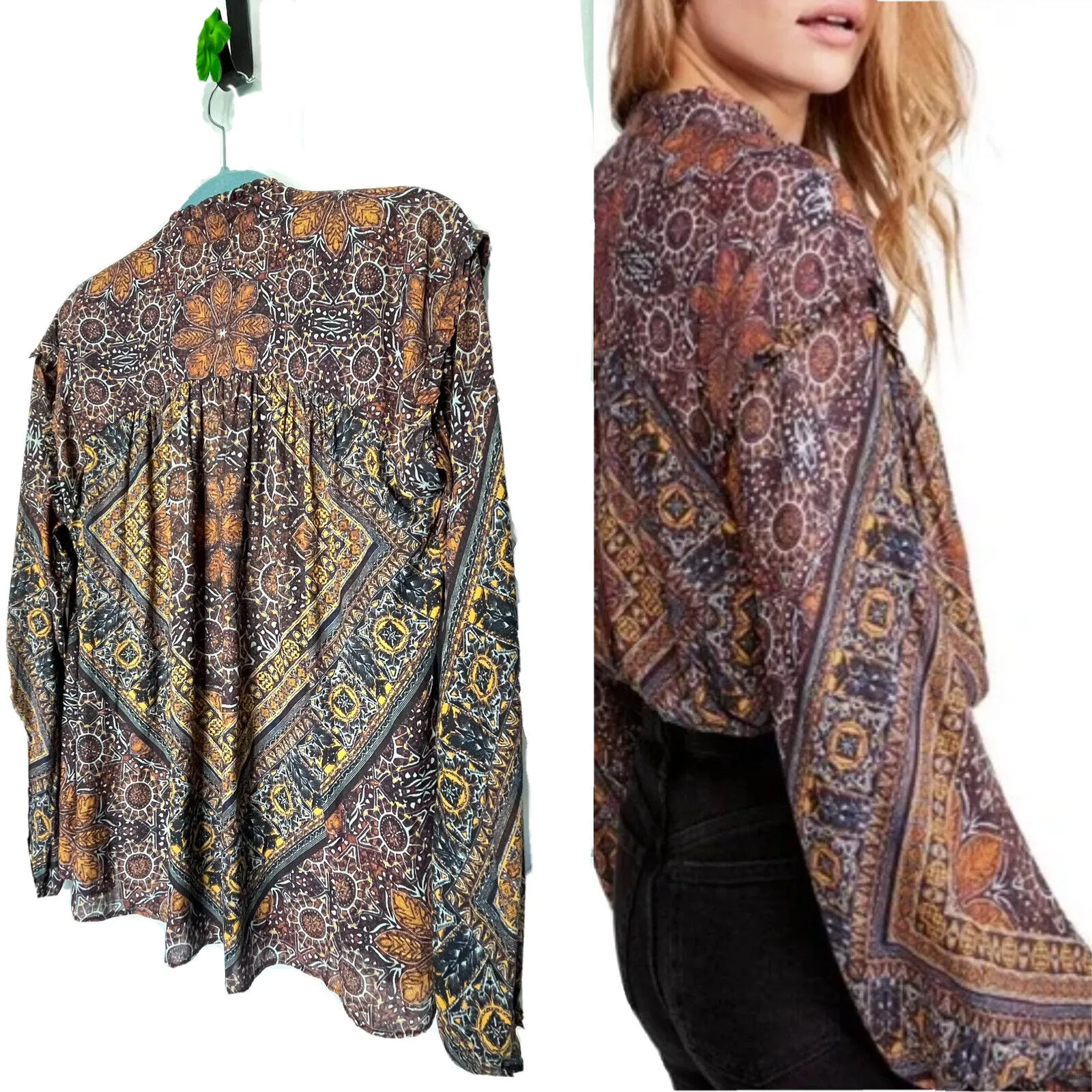 Free People Little Runaway Medallion Print Top Blouse Size Small Keyhole Neck - Image 3
