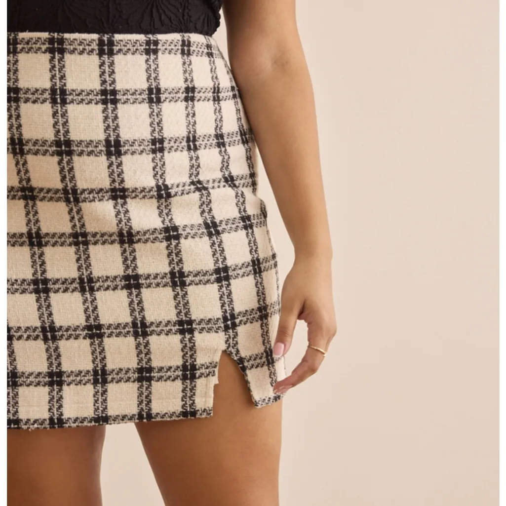 Arula Berkeley Plaid Tweed Mini Skirt 0X New Black Ivory - Image 6