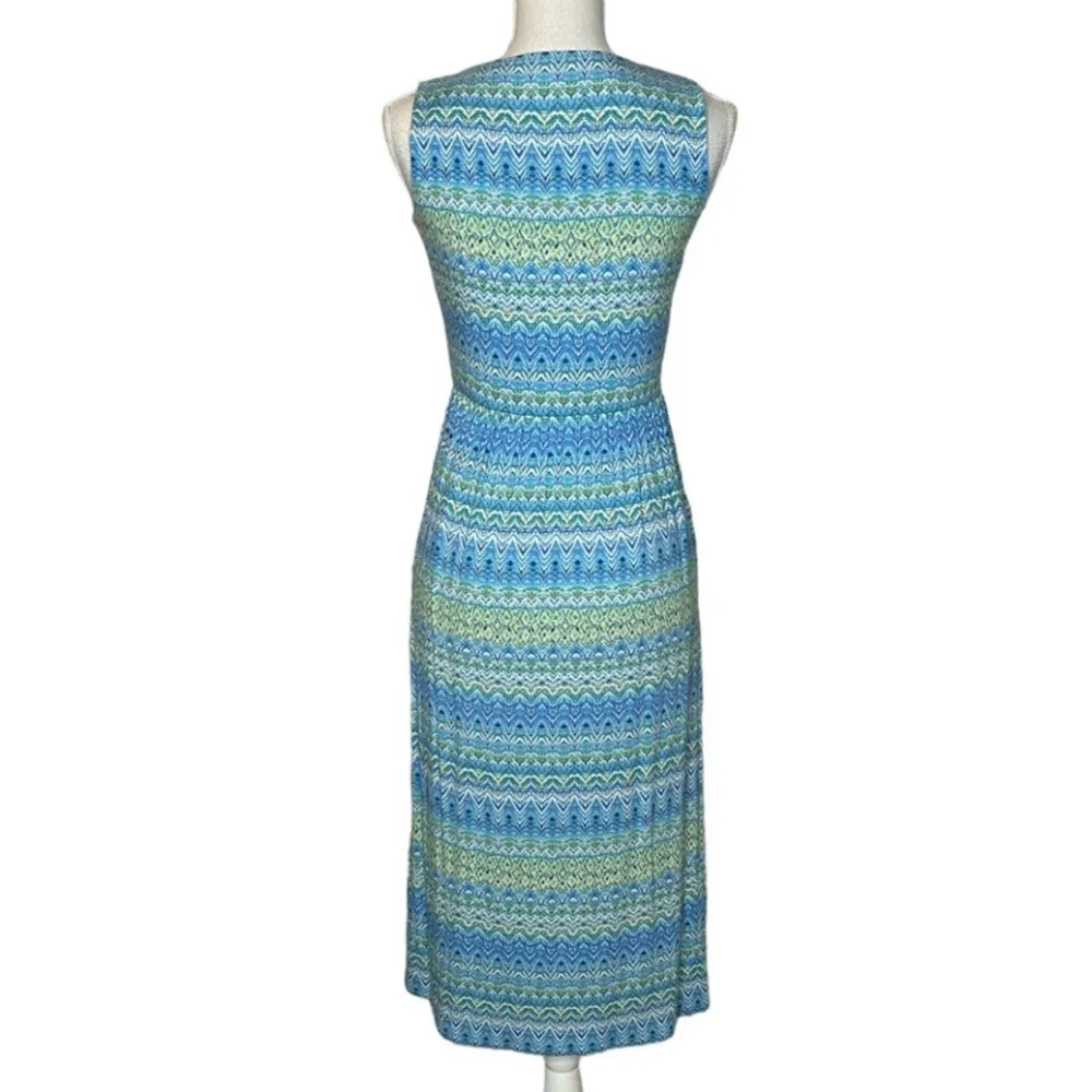 J. Jill Aegean Island Print Blue Green Stretch Maxi Dress Sz XL Wrap V Neckline - Image 7