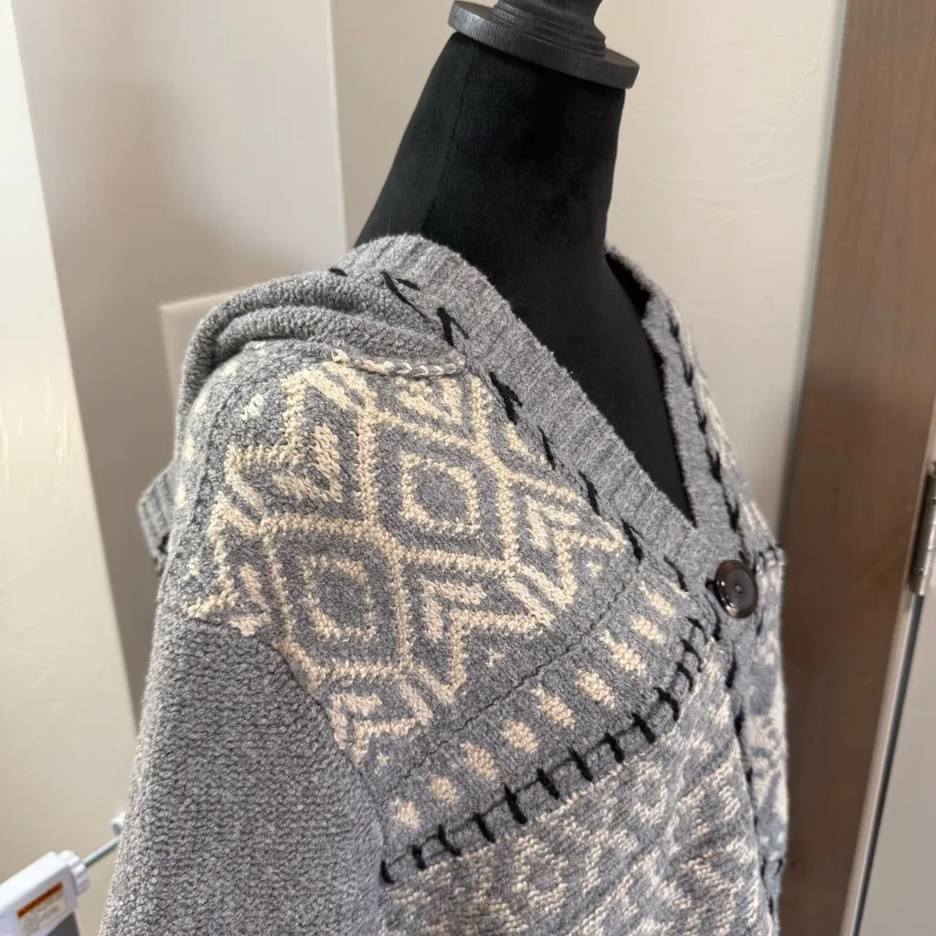 J.Jill Grey‎ White Geometric Fair Isle Hooded Sweater Cardigan Chunky Holiday LP Size undefined - Image 4