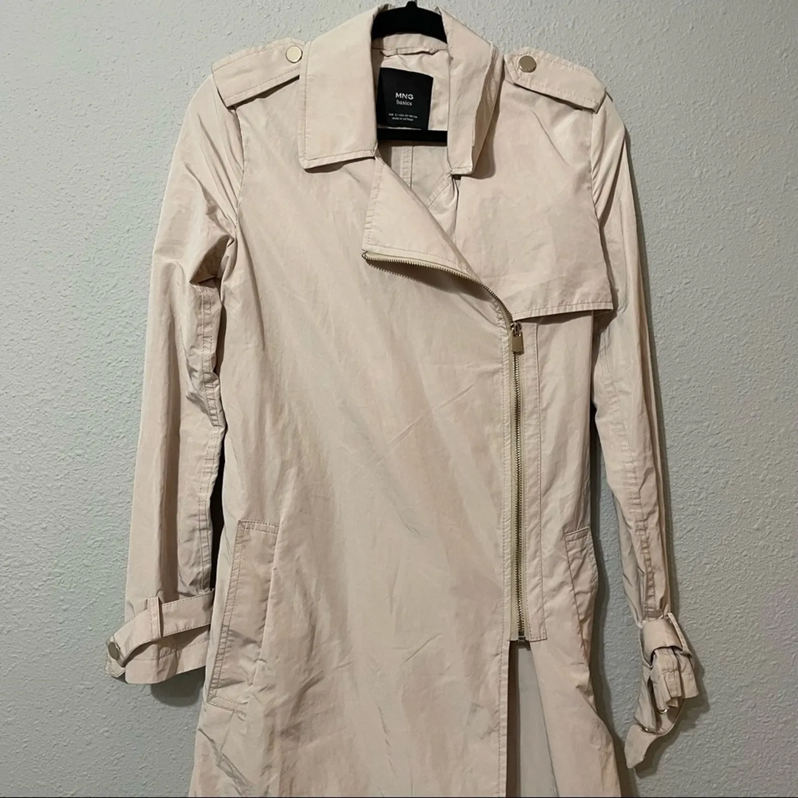 MNG Basics Khaki Moto Zip Trench Coat Womens XS Tan Neutral Classic Lightweight - Image 4
