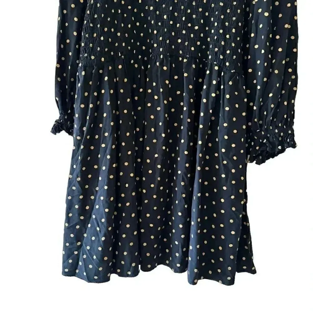 Madewell Black Gold Lucie V-Neck Smocked Mini  Oval Dot Baby Doll SZ XL #1862 - Image 6