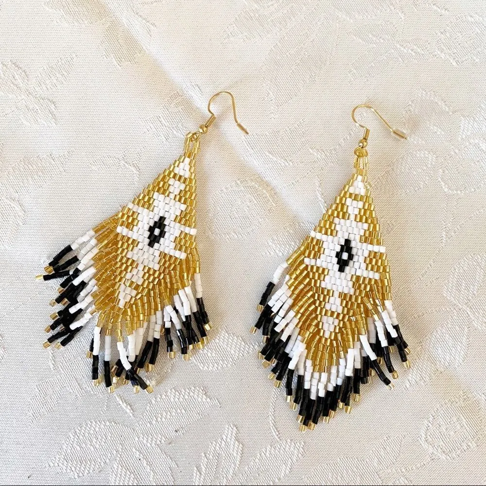 Handmade Miyuki Beaded Fringe Boho Earrings Gold - Image 9
