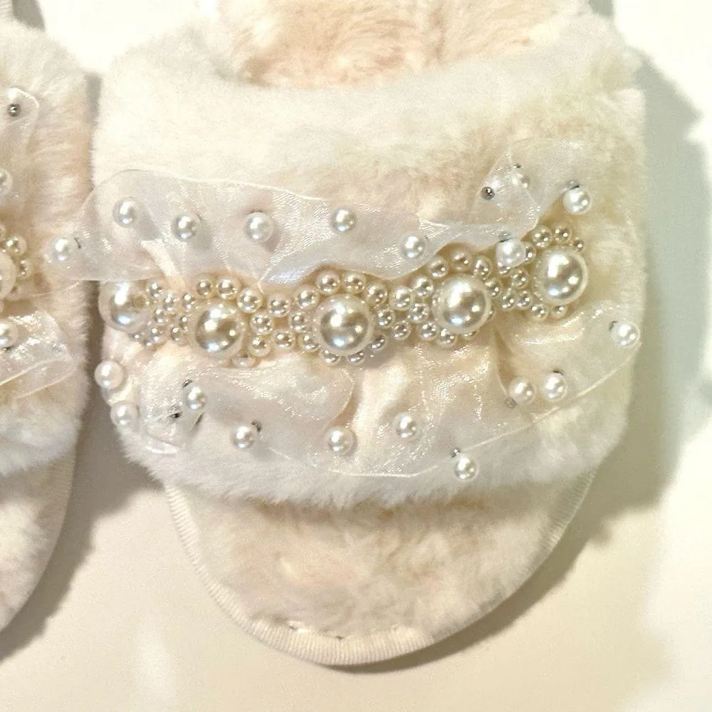 SheIn Ivory Fuzzy Bridal Slippers with Tulle & Pearls - Image 2