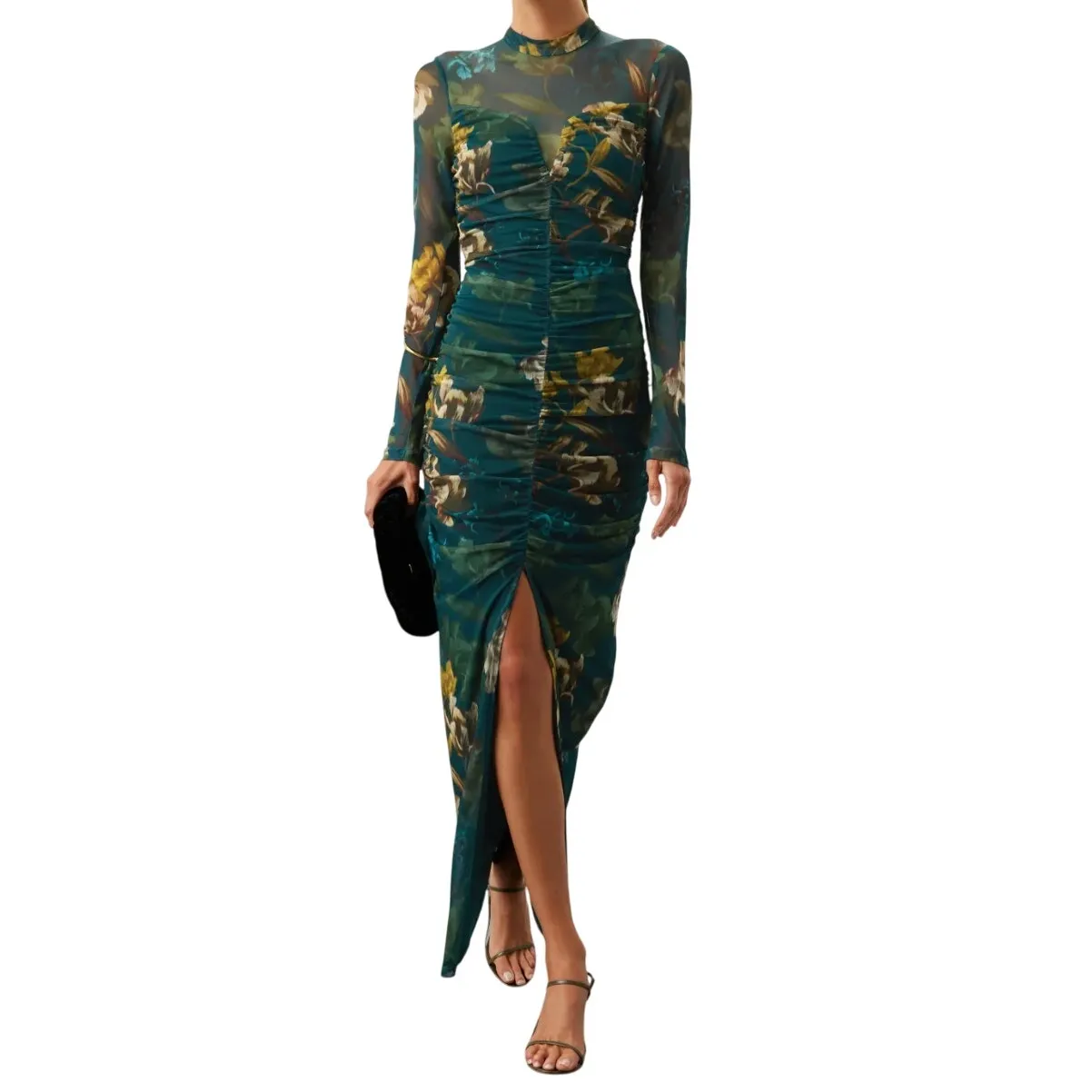 Black Halo EVE Floral Long Sleeve Mesh Wendy Gown in Teal Multi, Size US 2 Blue - Image 2