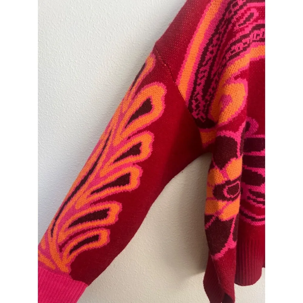 FARM RIO Cutout Asymmetrical Knit Bold Pink Floral Turtleneck Wool Blend Sweater - Image 5