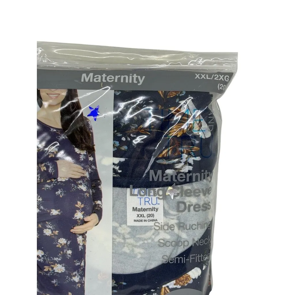 NEW Time and Tru Maternity LS Dress 2XL 20 Navy Blue Floral Semi - Image 2
