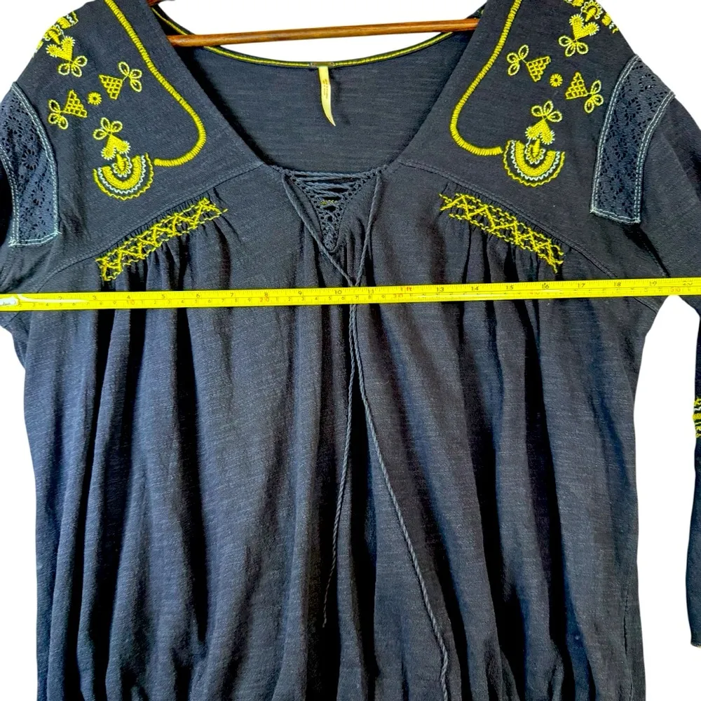 Free People Navy Blue Boho Yellow Embroidered Blouse - Image 10