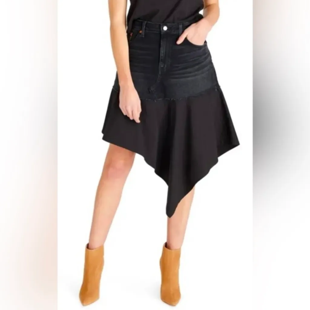 Etica Asymmetrical Denim Mix Media Skirt Size 26 Black - Image 2