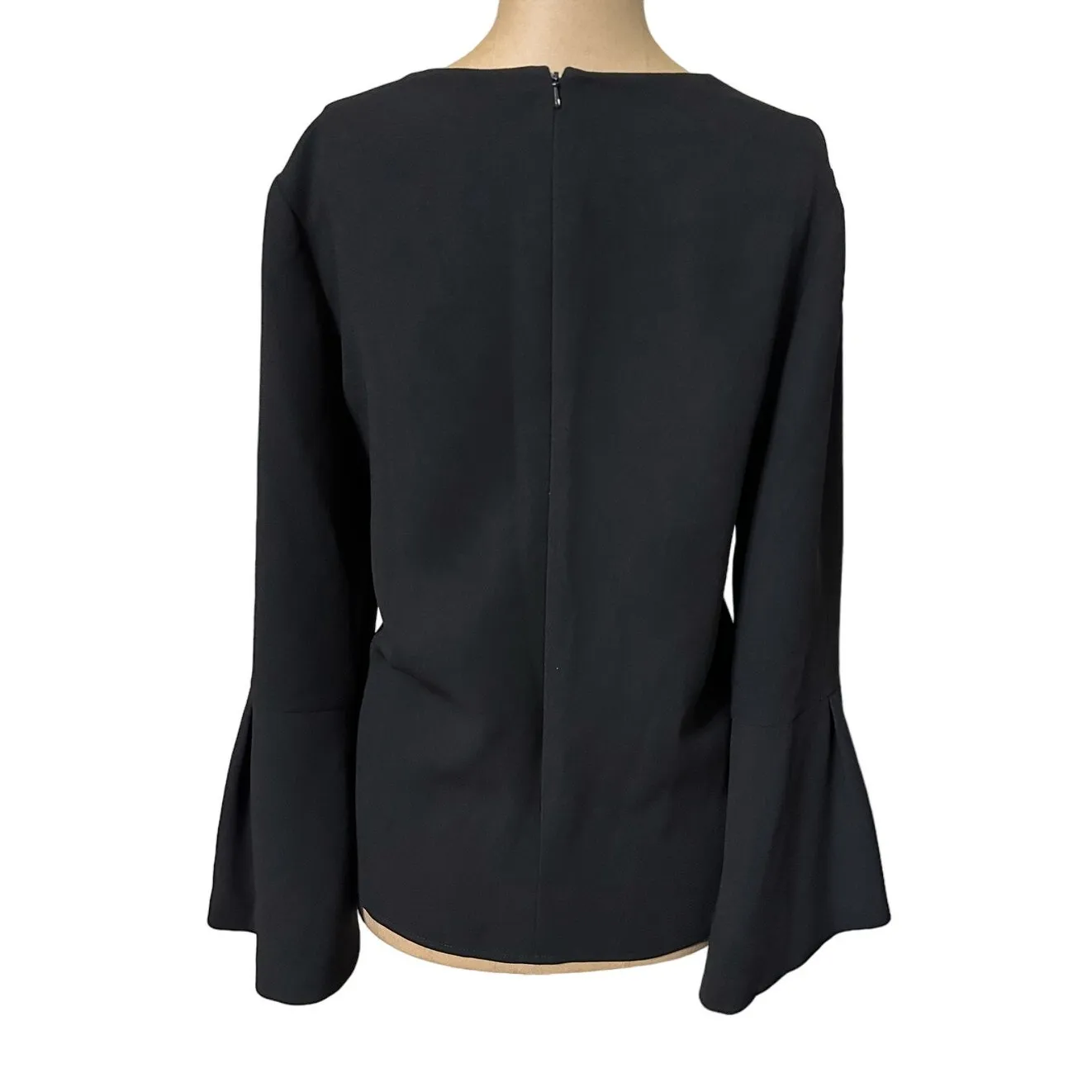 Lela Rose Blouse Black Long Bell Sleeve Structured V Neckline Top Size 12 - Image 6