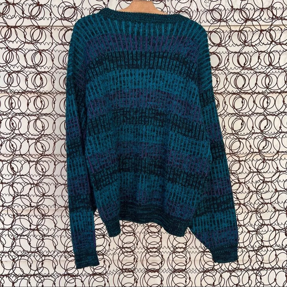 Vintage 90s Saturdays brand teal purple and black abstract striped knit sweater Blue Size XL - Image 4