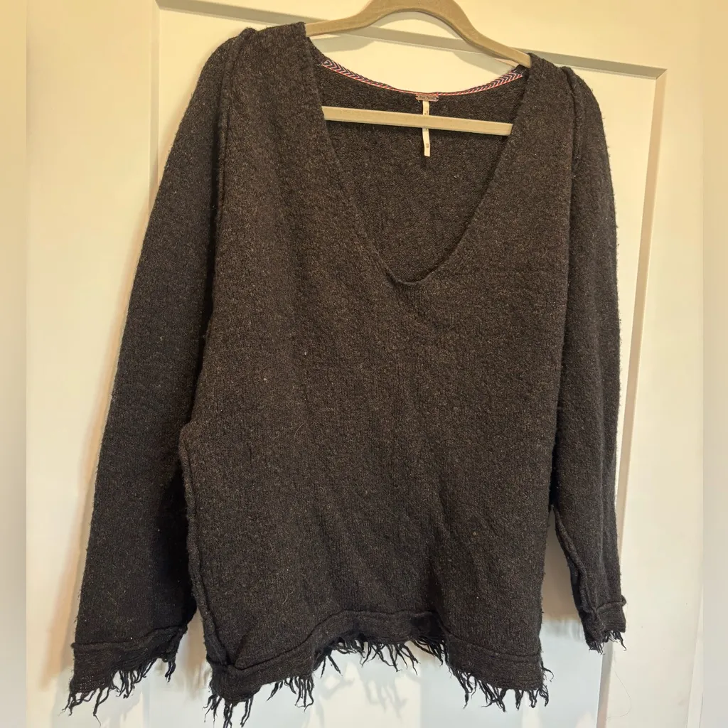 Free People Cozy Irresistible Fringe Wool Linen Blend Sweater BlackBrown Size XS - Image 4