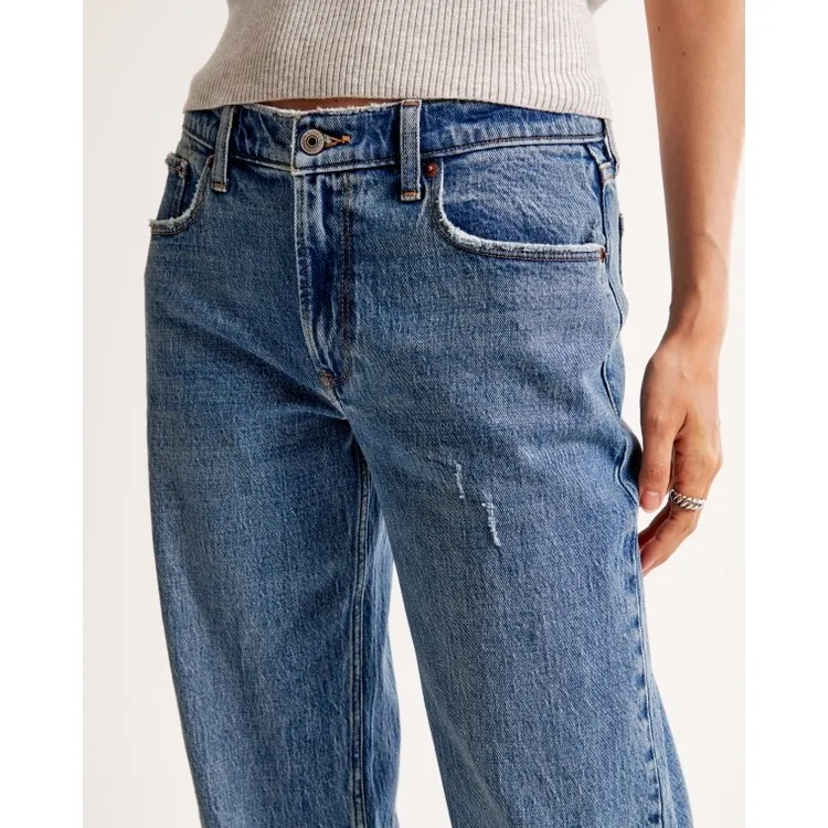 Abercrombie & Fitch The Baggy Low Rise Curve Love Jeans Medium Wash Let Down Hem - Image 3