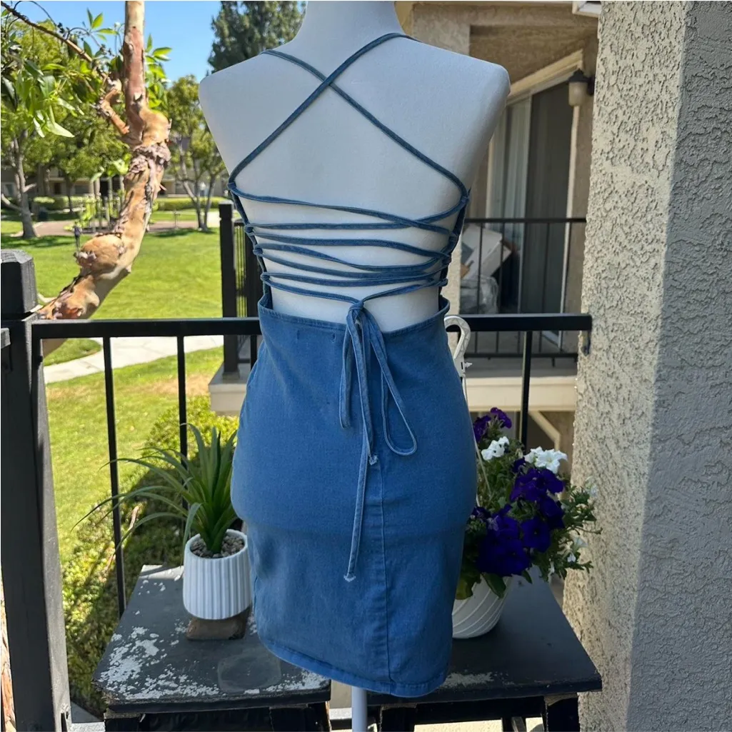 Bodycon Denim Mini Dress w/ Criss-Cross Tie Back by Active USA Denim - Image 8