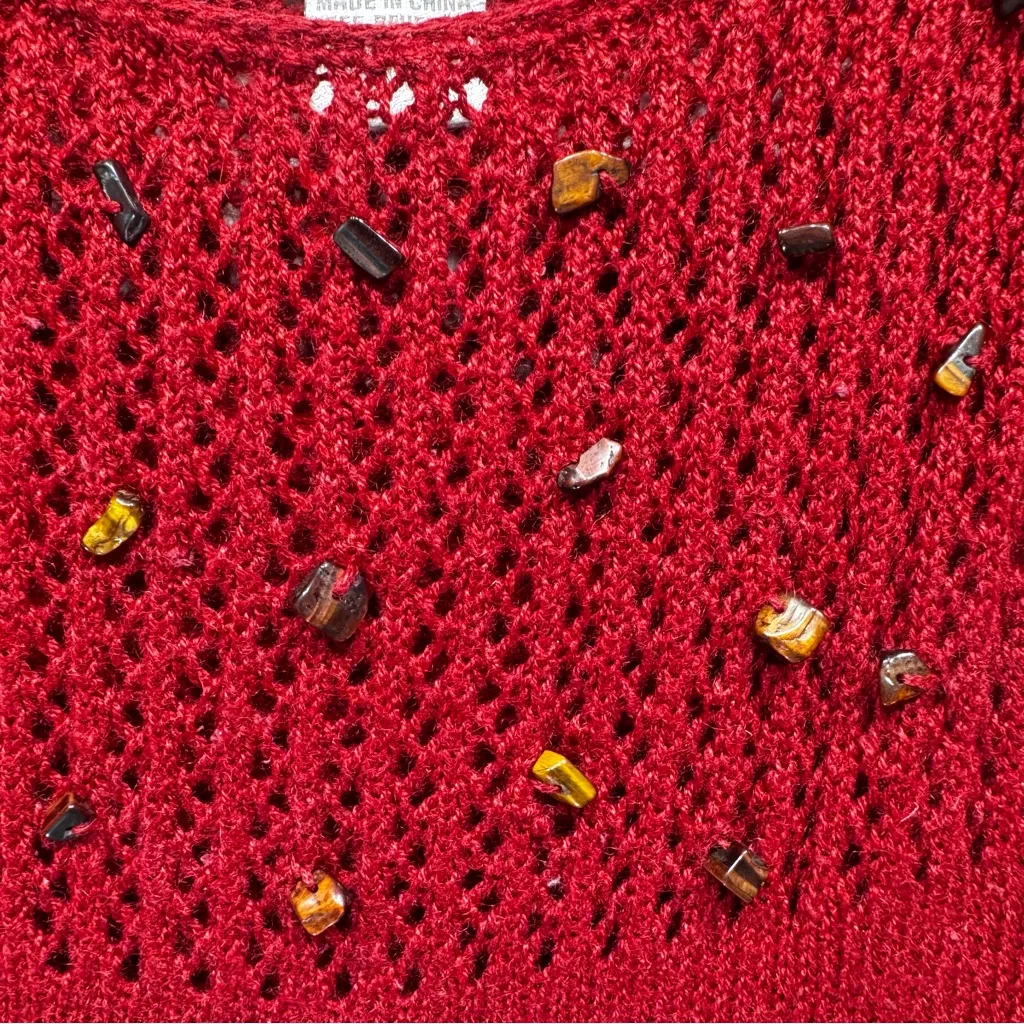 Vintage 80s Maggie McNaughton 2 piece Beaded Knit Tunic & Linen Cropped Pants Red Size 1X - Image 6
