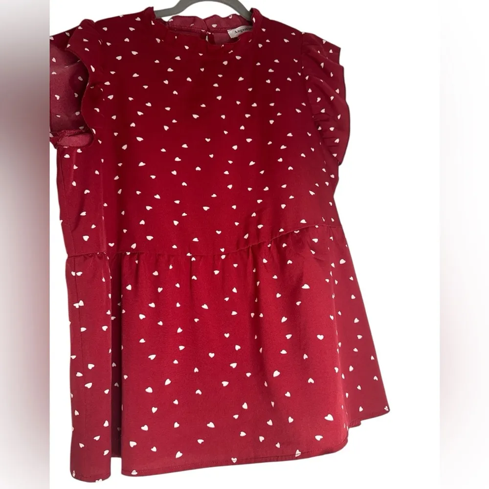 Women’s Casual Heart Print Cap Sleeve Ruffle Neck Loose Babydoll Shirt - Image 4