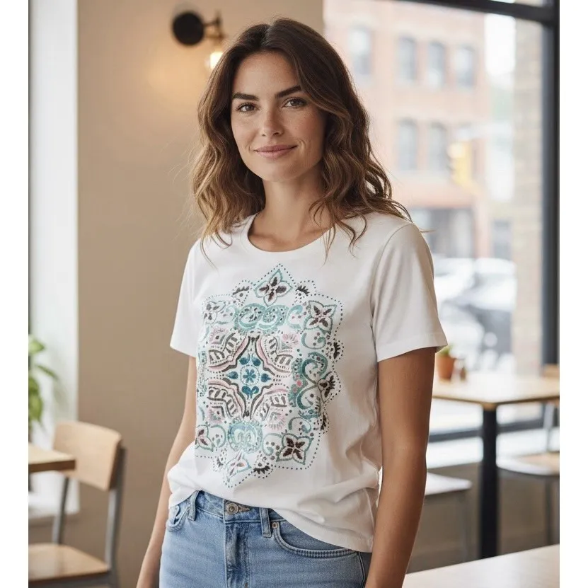 Coral Bay Woman's‎ SZ M 100% Cotton T-Shirt Bohemian Print Colorful Artsy - Image 3