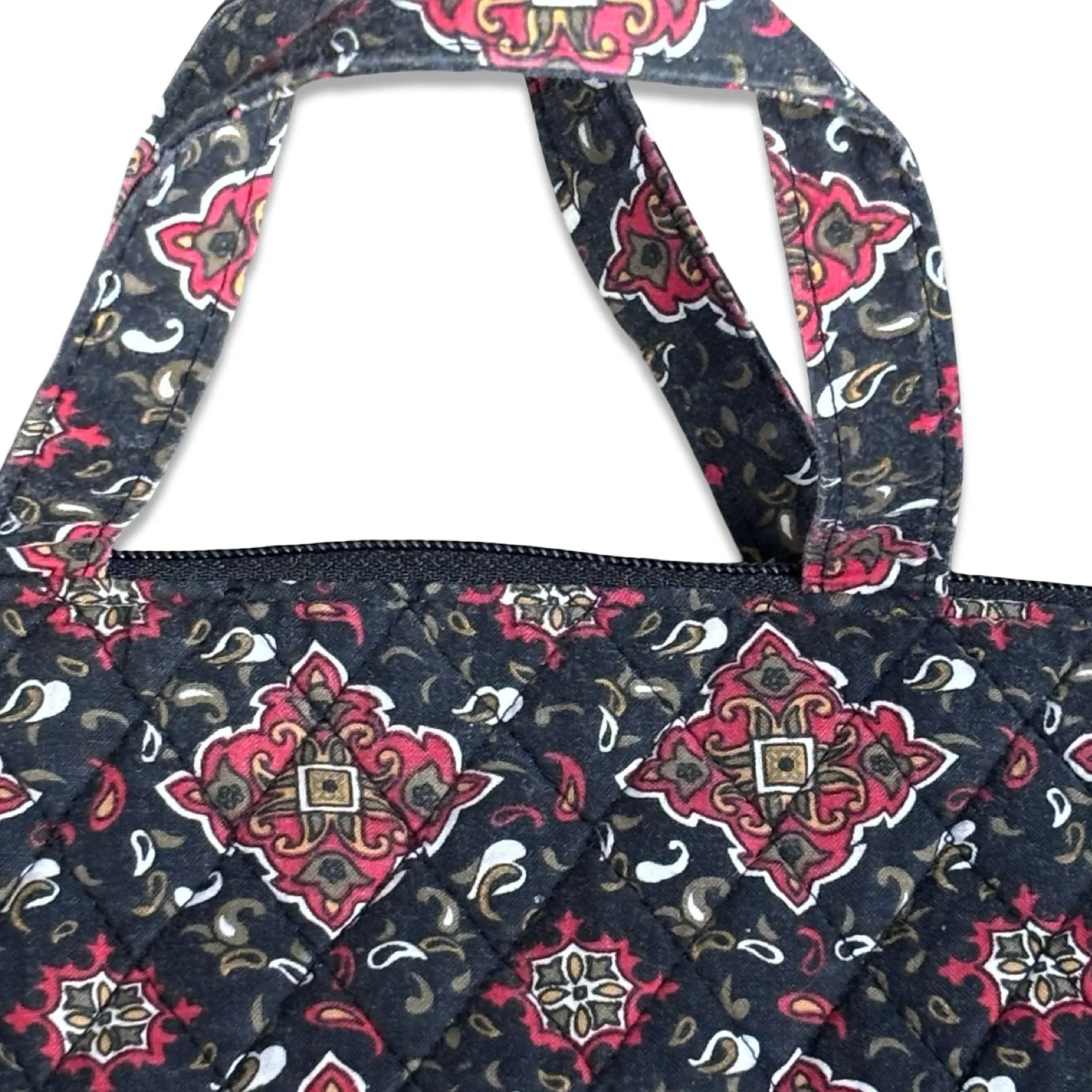 Quilted Cotton Mini Tote Bag Black Red Medallion Print Zip Top Carryall Boho - Image 4