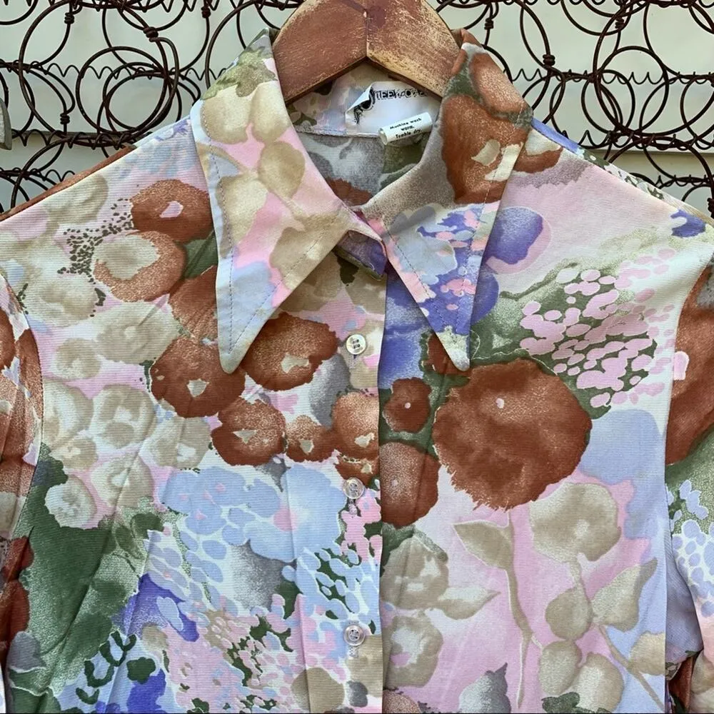 Vintage 70s Queen Casuals floral sleeveless blouse and button down shirt set Brown Size M - Image 2