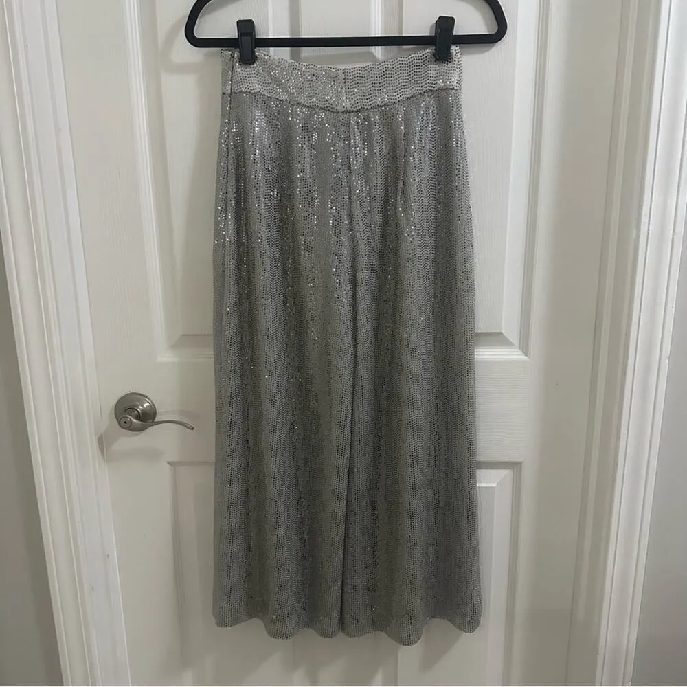 ZARA Silver Sequin Metallic Culotte Wide Leg Cropped Pants Women’s size Medium - Image 12