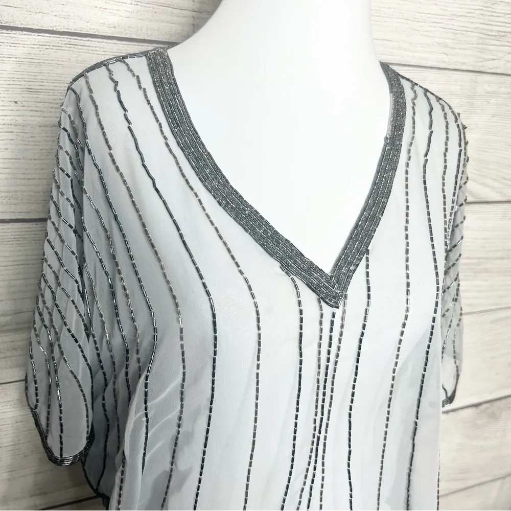 Vintage Sheer Beaded Silver Gray Dolman Sleeve Blouse Top Shawl One Size Size M - Image 9