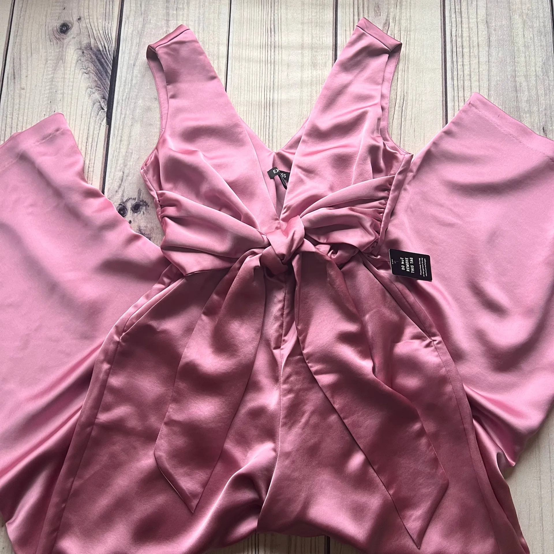 Express Pink Satin V-Neck Tie Waist Wide Leg Jumpsuit - Image 5