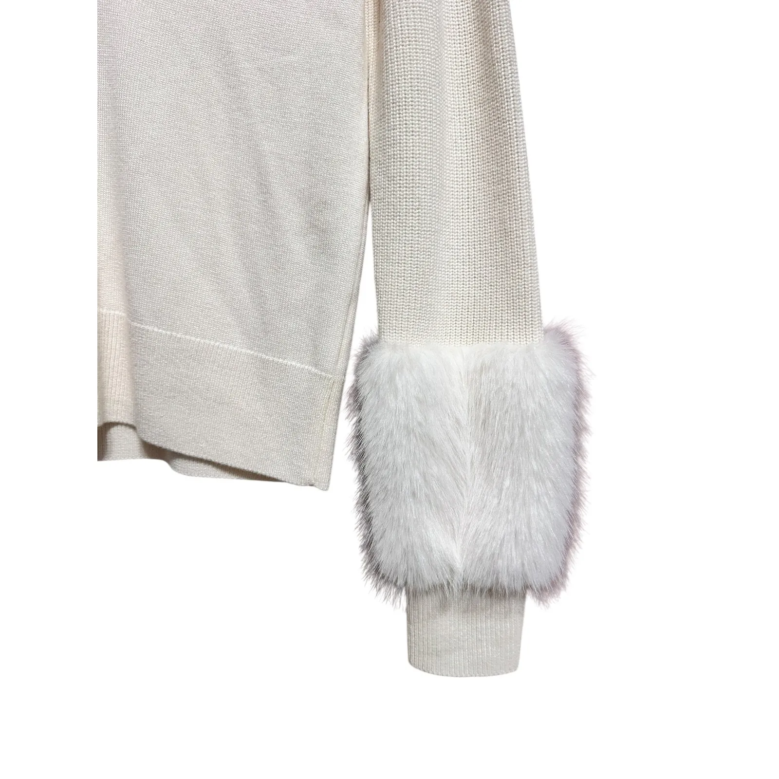 Ramy Brook Brody faux fur trim knit Cream Sweater V Neck cashmere wool XS $395 - Image 4