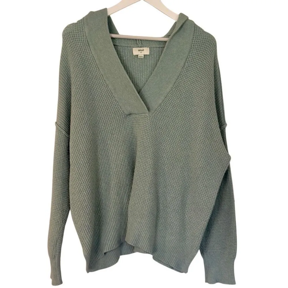 Aerie mint waffle collared hooded sweater size small - Image 8