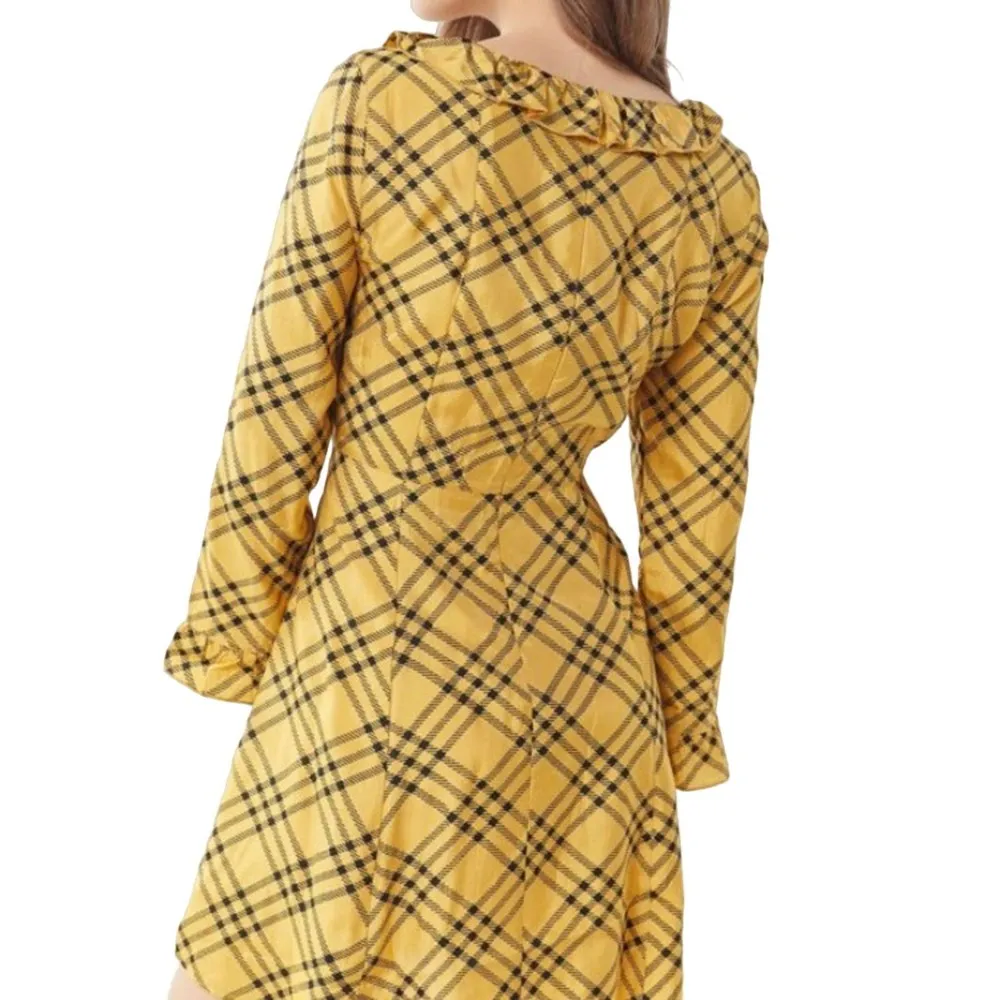 Urban Outfitters | Small | Yellow Plaid Square Neck 3/4 Sleeve Ruffle Mini Dress - Image 3