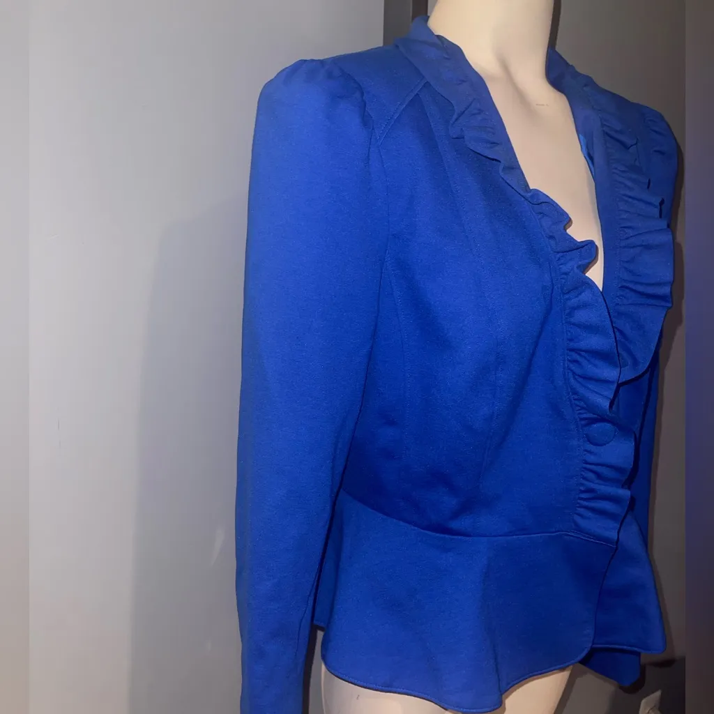 Elegant Blue Ruffled Women's Jacket blazer size large EUC INC - Image 2