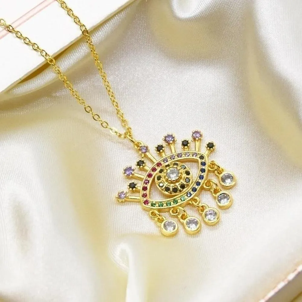 Colorful Rainbow Eye Charm Necklace Gold - Image 5